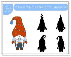 A puzzle game for kids, find the right shadow. Cartoon Christmas Gnome. vector