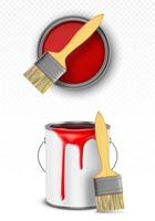 lata de pintura con pincel, balde de estaño con gotas rojas vector