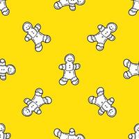 Seamless pattern with Traditional Christmas gingerbread man cookie in doodle style on yellow color background vector