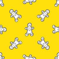 Seamless pattern with Traditional Christmas gingerbread man cookie in doodle style on yellow color background vector