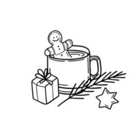 Hot chocolate with Gingerbread illustration beverage with Fir branch in doodle style vector