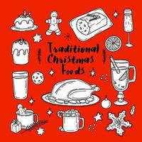 ilustración tradicional de comida y bebida navideña en estilo garabato sobre fondo rojo vector