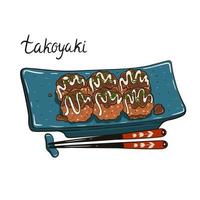 Plate with takoyaki and chopsticks isolate on white background. Vector graphics.