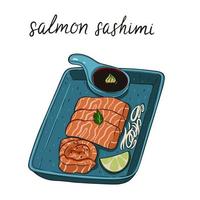 Plate with salmon sashimi isolate on white background. Vector graphics.