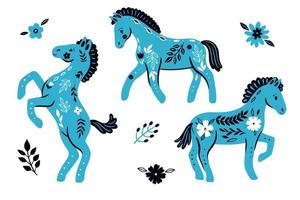 Set of horses with floral ornament isolated on white background. Vector graphics.