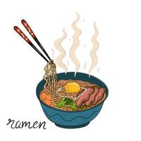 Cup with ramen and chopsticks isolate on white background. Vector graphics.