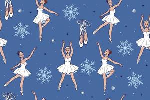 Seamless pattern with ballerinas in white dresses, pointe shoes and snowflakes. Vector graphics.