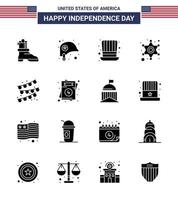 Happy Independence Day USA Pack of 16 Creative Solid Glyphs of party bulb buntings hat police sign police Editable USA Day Vector Design Elements