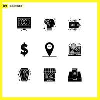 Mobile Interface Solid Glyph Set of 9 Pictograms of internet minus love money currency Editable Vector Design Elements