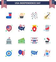 Group of 16 Flats Set for Independence day of United States of America such as protection american firework usa guiter Editable USA Day Vector Design Elements