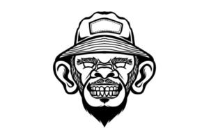 cabeza de mono con sombrero de cubo logotipo de vector blanco negro