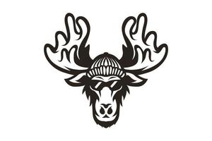 moose snow using cap ang glasses black white vector logo