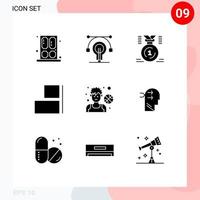 Mobile Interface Solid Glyph Set of 9 Pictograms of avatar right award horizontal win Editable Vector Design Elements