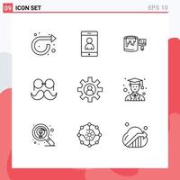 Stock Vector Icon Pack of 9 Line Signs and Symbols for employee men bucket glasses hipster Editable Vector Design Elements