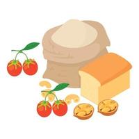 Carb food icon isometric vector. Flour bag loaf of bread walnut and goji berry vector