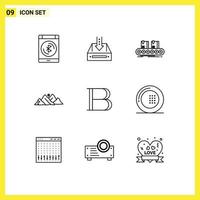 Pack of 9 Modern Outlines Signs and Symbols for Web Print Media such as hill mountain empty line conveyor Editable Vector Design Elements