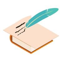 Feather writing icon isometric vector. Old feather write on paper sheet and book vector