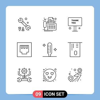 Editable Vector Line Pack of 9 Simple Outlines of thermometer fever sign cold ethernet Editable Vector Design Elements