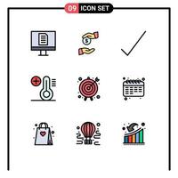 9 Thematic Vector Filledline Flat Colors and Editable Symbols of calendar target complete goal temperature Editable Vector Design Elements