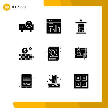 conjunto de 9 iconos de interfaz de usuario modernos símbolos signos para gráfico de inversión de tarjeta presupuesto monumento elementos de diseño vectorial editables vector