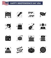 paquete de 16 signos de glifos sólidos de celebración del día de la independencia de EE. UU. Y símbolos del 4 de julio, como decoración de mapa de vacaciones de estados de EE. UU. Elementos de diseño de vector de día de EE. UU. editables