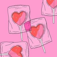 ilustración con una linda piruleta en forma de corazón en un paquete de plástico transparente. diseño femenino con dulces dulces. estilo plano ilustración vectorial dibujada a mano vector