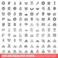 100 archeology icons set, outline style vector