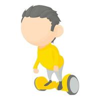 niño, en, segway, icono, caricatura, estilo vector