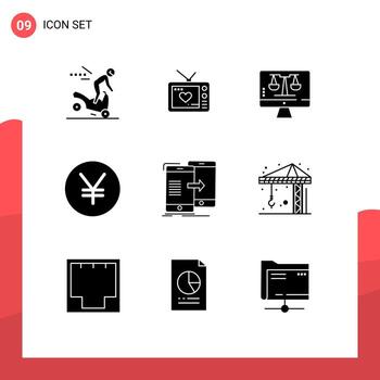 Mobile Interface Solid Glyph Set of 9 Pictograms of sync data digital law online yuan yen Editable Vector Design Elements