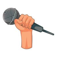 Hand holding microphone icon, cartoon style vector