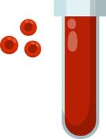 Flask with blood. Medical test. Microorganisms under microscope. Enlarged view. Red blood cells and biology. Treating illness. Glass bottle for analysis and expertise. Flat illustration vector