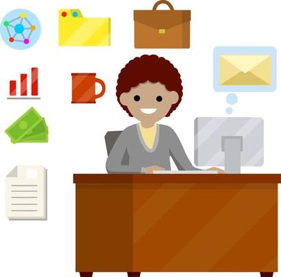 Woman sit at Desk with computer and typing message in front of monitor. Set of business icons-yellow folder, case for document, red coffee mug, cash. Flat picture. Businesswoman at work