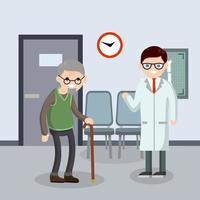 Old senior man in doctor office in hospital. Cute Grandfather. Providing medical care. Two character. Trauma patient. Happy grandparent. Cartoon flat illustration vector