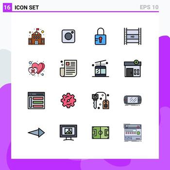 User Interface Pack of 16 Basic Flat Color Filled Lines of heart definition video locked high hd in filmmaking Editable Creative Vector Design Elements