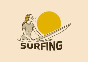 Vintage art illustration of a woman sitting on a surfboard vector