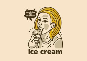 Vintage art illustration of girl eating ice cream vector