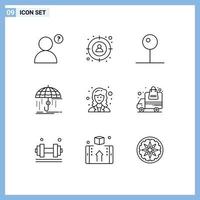 Universal Icon Symbols Group of 9 Modern Outlines of researcher academic media player protection insurance Editable Vector Design Elements