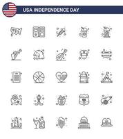 Modern Set of 25 Lines and symbols on USA Independence Day such as hand soda fire work drink bottle Editable USA Day Vector Design Elements