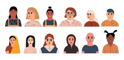 diversidad mujeres de diferentes razas y nacionalidades. un conjunto de retratos de personajes femeninos para el día internacional de la mujer, mes de la historia de la mujer. vector