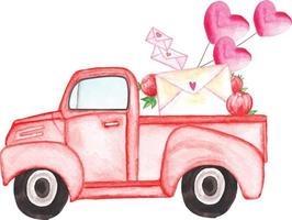 Happy Valentine Day Watercolor Vector Illustration Watercolor car vector clipart Valentine Car Vector, Valentine Truck Vector