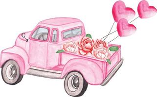 Happy Valentine Day Watercolor Vector Illustration Watercolor car vector clipart Valentine Car Vector, Valentine Truck Vector