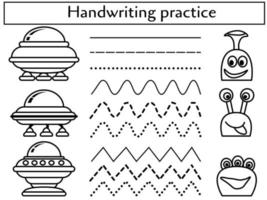 hoja de práctica de escritura a mano con ovni, juego educativo para niños, página para colorear con extraterrestres y sus vehículos vector