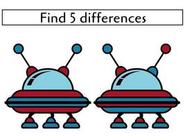 Find 5 differences in UFO vehicle, educational page for kids vector