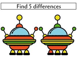 Find 5 differences in cartoon UFO saucers, toddler learning page vector