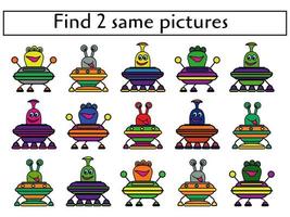 Find 2 identical pictures of aliens in spaceships, mindfulness exercise for kids vector