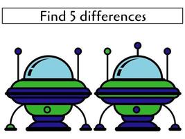 Find 5 differences in cute UFO spaceships, educational page for kids vector