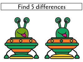 Find 5 differences alien in the spaceship,  training page for kids vector