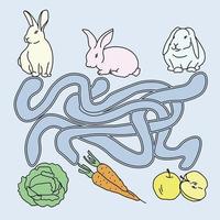 Feed the rabbit game for kids, three rabbits and three ways to treat them, educational tasks for kids vector