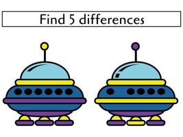 Find 5 differences sheet, kids education page with UFO spaceships vector