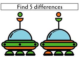 encuentra la página del juego 5 diferencias con el barco ovni, educativo para niños vector